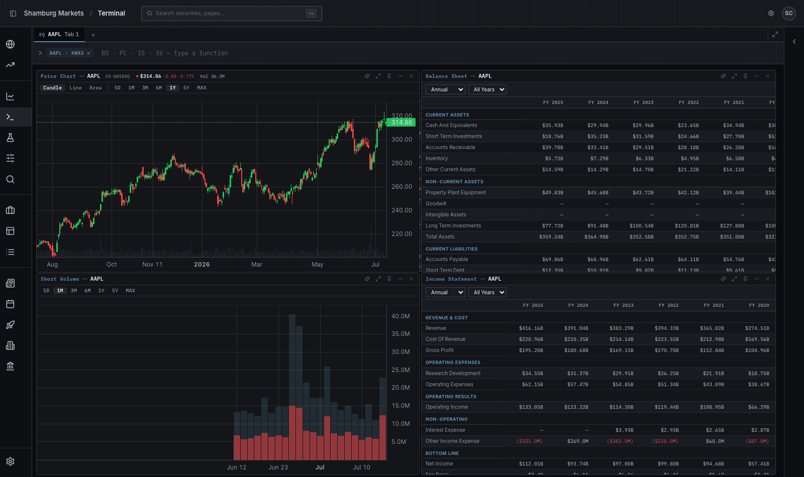 Shamburg Markets terminal — price chart, balance sheet, short volume, and income statement tiled on one canvas